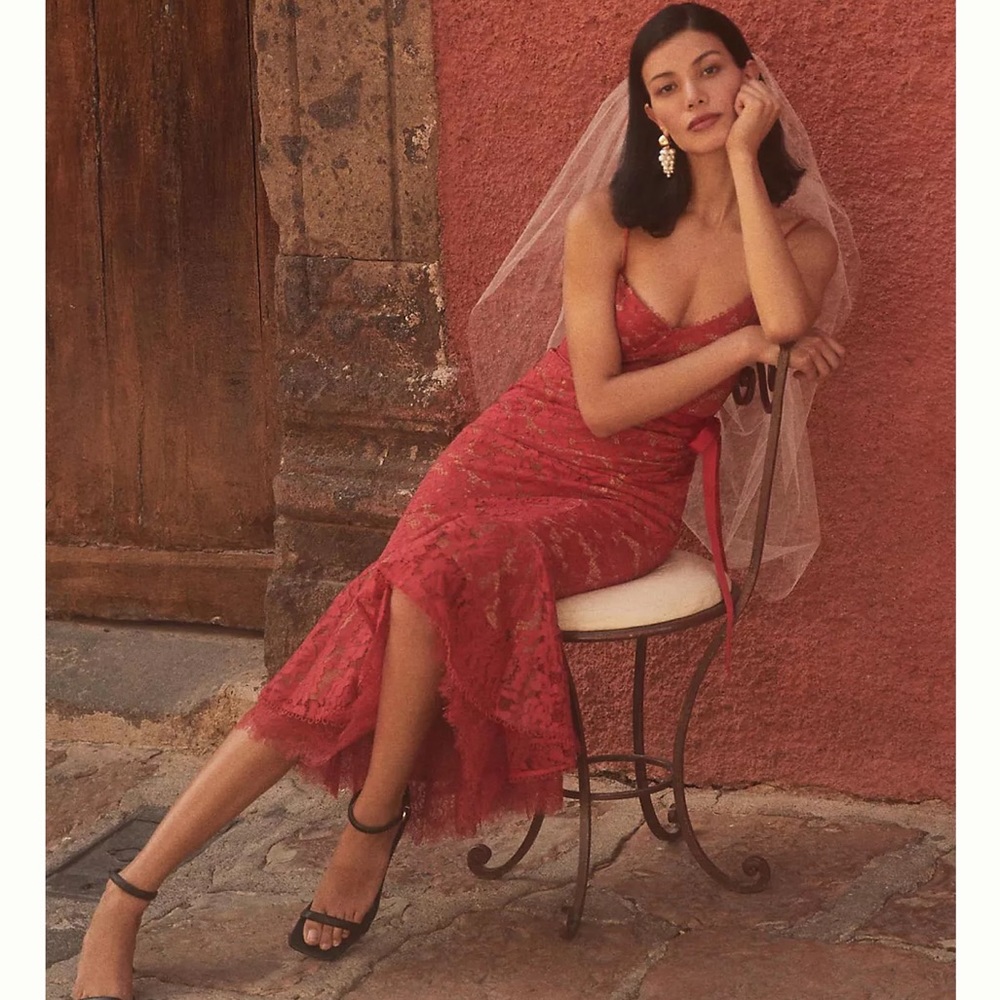 V. Chapman Naomi Stretch Lace Corset Flounce-Hem Midi Dress